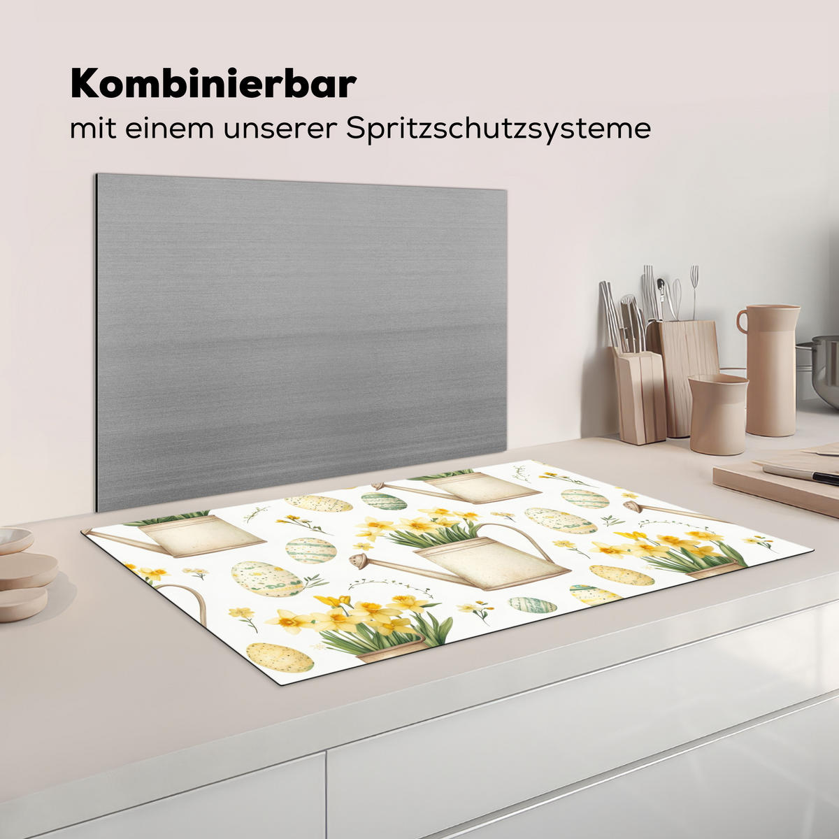HERDABDECKPLATTE Gießkanne - Blumen - Eier Induktionsmatte 83x51 cm - Weiß, Kunststoff (83/51.5/0.2cm) - MuchoWow