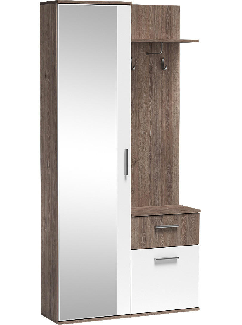 GARDEROBEN-SET Nex mit Spiegel, Haken & Stauraum – 97/195/30 cm – Trüffel Eiche/Weiß - Trüffeleichefarben/Weiß, Holzwerkstoff (97/195/30cm) - WFL GROUP