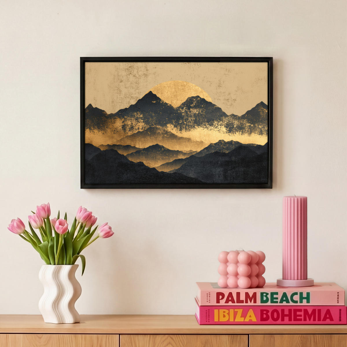 LEINWAND Bilder mit Rahmen - Goldene Berge bei Mondschein - 30x20 - Goldfarben, Textil (30/20cm) - MuchoWow