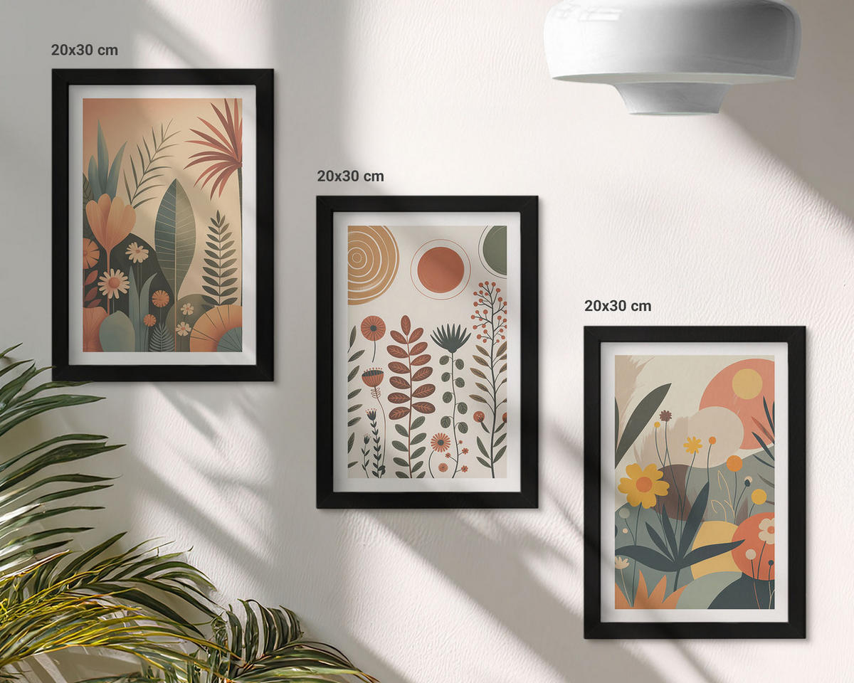 BILDER SET 3er Set - 20x30 cm Schwarzer Rahmen - Boho-Pflanzenmuster Natur - Schwarz, Kunststoff (20/30cm) - TULUP