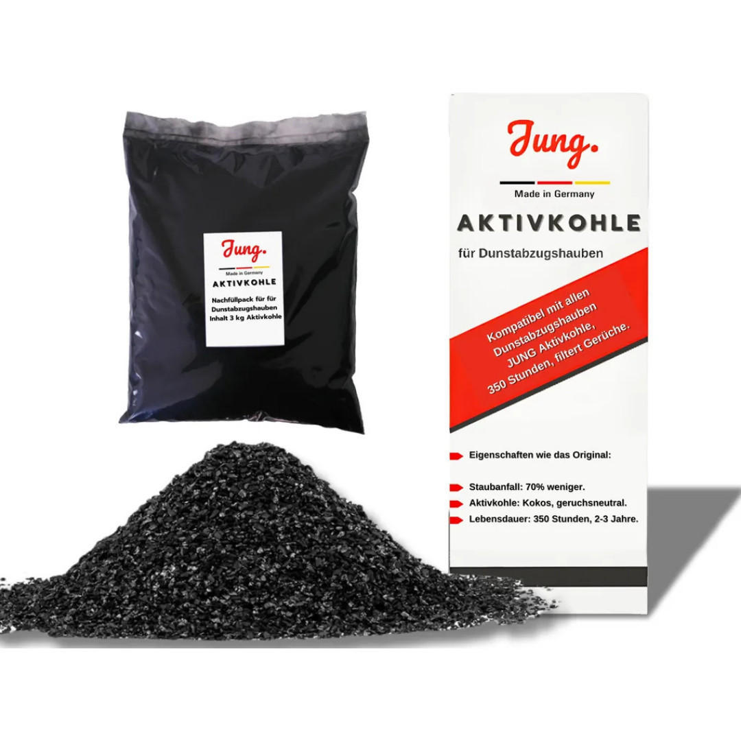 AKTIVKOHLE 2x3 kg Schwarz, Nachfüllpack, Dunstabzugshaube, Universal, Geruchsfilter, Filterkohle, Umluftfilter, Ersatzfüllung, Küchenfilter, Küche - Schwarz, Naturmaterialien (25/12/30cm) - JUNG