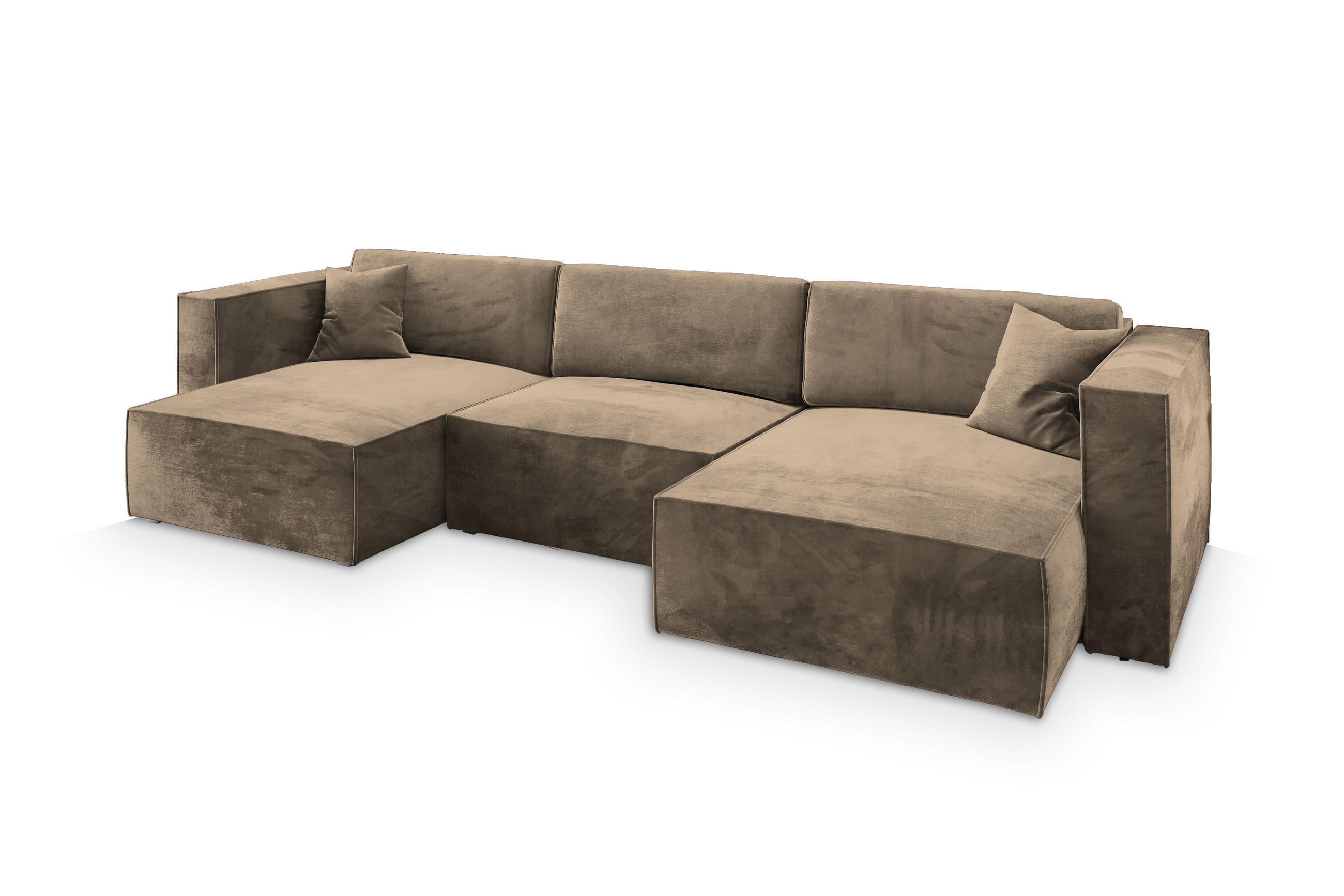 WOHNLANDSCHAFT SARMO M Beige Velours-Stoff mit Schlaffunktion - Beige, Holz (347/70/148cm) - MASSENO