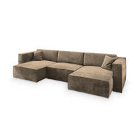 WOHNLANDSCHAFT SARMO M Beige Velours-Stoff mit Schlaffunktion - Beige, Holz (347/70/148cm) - MASSENO