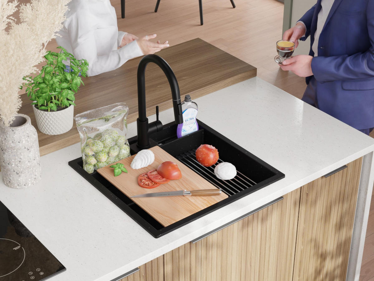 SPÜLBECKEN Bergen Pocket, 2-er set Schwarz Metallic 56/54 cm 1 Becken + Ablauf-Set + Küchenzubehörset ab 60er Unterschrank - Chromfarben/Schwarz Hochglanz, Kunststoff (56/20/54cm) - Primagran