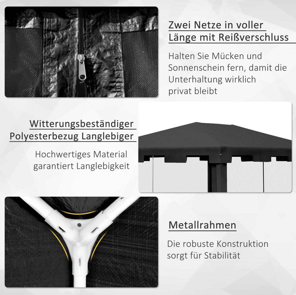 PAVILLON 395/295/255 cm mit Moskitonetz, wasserabweisendem Dach und Metallgestell, Dunkelgrau - Dunkelgrau, Metall (295/255/395cm) - Redom