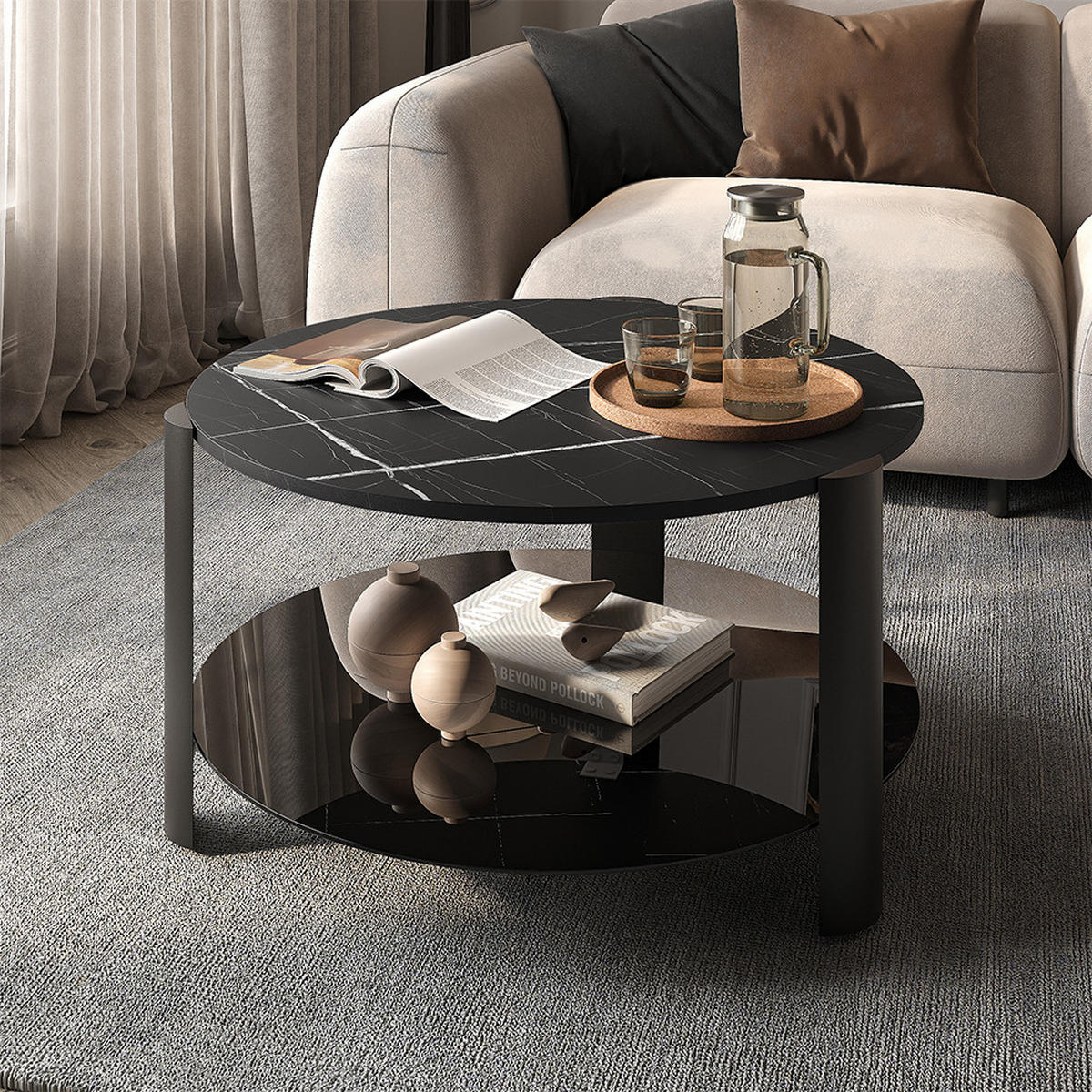 COUCHTISCH Navo, Schwarzer Marmor/Schwarz, 80 x 80 cm - Schwarz Hochglanz/Schwarz, Holzwerkstoff (80/80/43.5cm) - Vicco