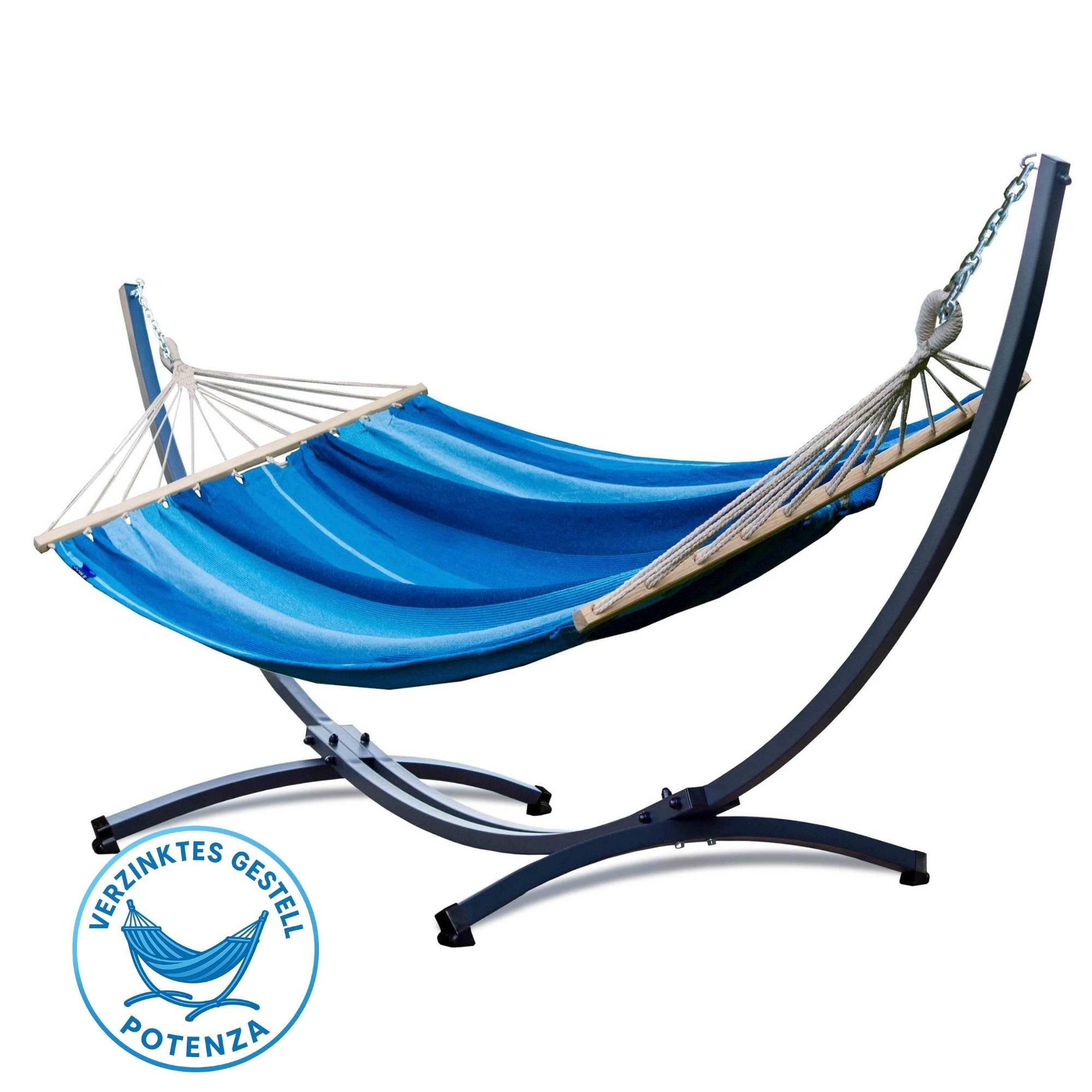 HÄNGEMATTE mit Verzinktem Gestell, 2 Personen, Stabhängematte, XXL, 200 kg, Metall, Blau, einfache Montage - Blau, Metall (370/130/120cm) - Potenza