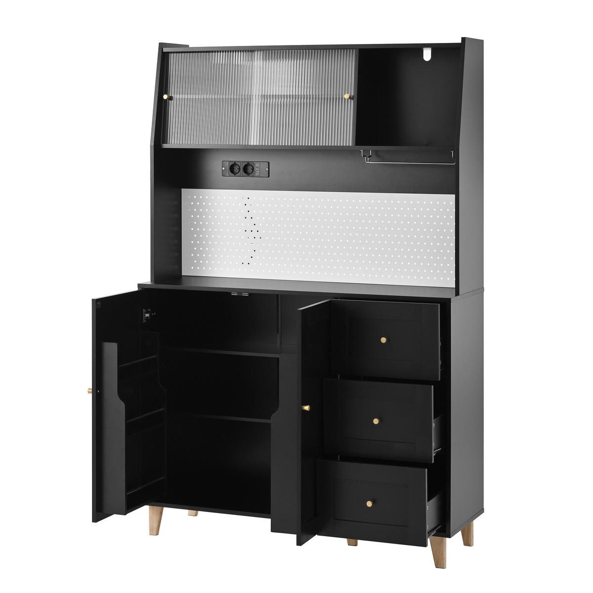 KÜCHENOBERSCHRANK 120/40/184 cm in Schwarz mit Schubladen, Steckdosen und Fluted Glas - Schwarz, Holzwerkstoff (120/184/40cm) - BEAOK