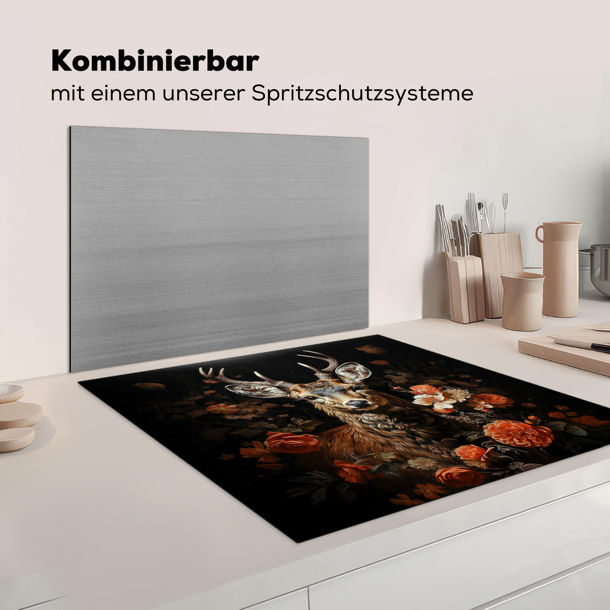 KRYT NA INDUKČNÍ DESKU Jelen - Zvíře - Květiny - Příroda - Botanický 78x78 cm - měděná, plast (78/78/0.2cm) - MuchoWow