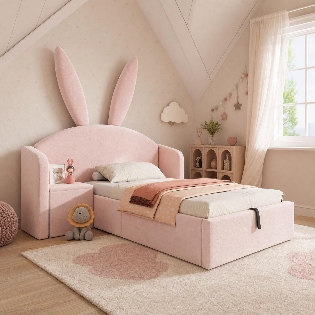 KINDERBETT 90/190 mit Stauraum, Nachttisch und Hasenohren-Design in Rosa - Rosa, Holzwerkstoff/Textil (90/190cm) - EVRYAE