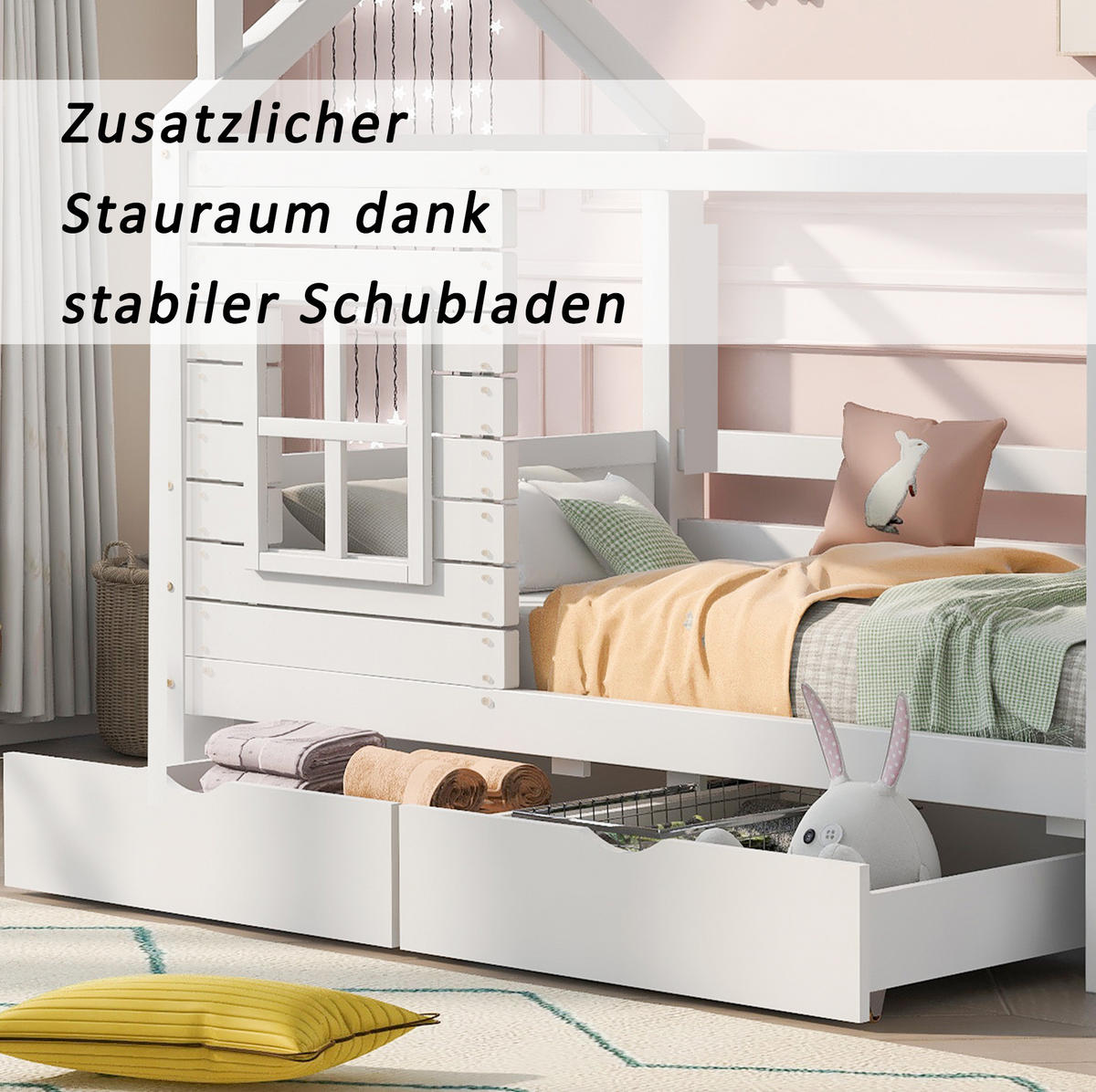 HAUSBETT 90/200 cm Weiß aus massiver Kiefer mit Lattenrost und Stauraum - Weiß, Holz (90/200cm) - OKMYHOME