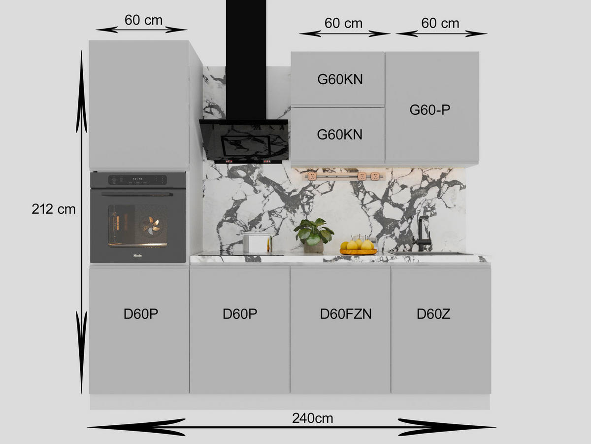 KÜCHENZEILE 240 cm Glanzia – KU-S04 – Grau – Hochglanz - Grau, Holzwerkstoff (240/212/60cm)