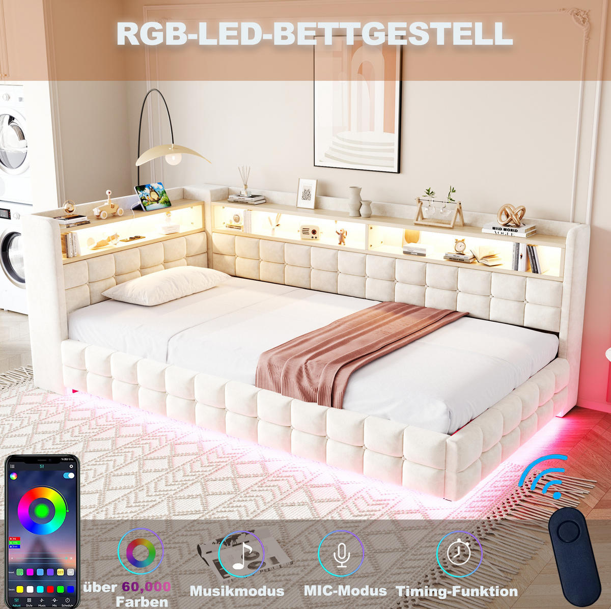 POLSTERBETT aus Samtstoff 90x200 cm Beige mit LED, USB-/Typ-C-Anschluss, Steckdose und hydraulischem Bettkasten - Beige, Textil (90/200cm) - Modfu