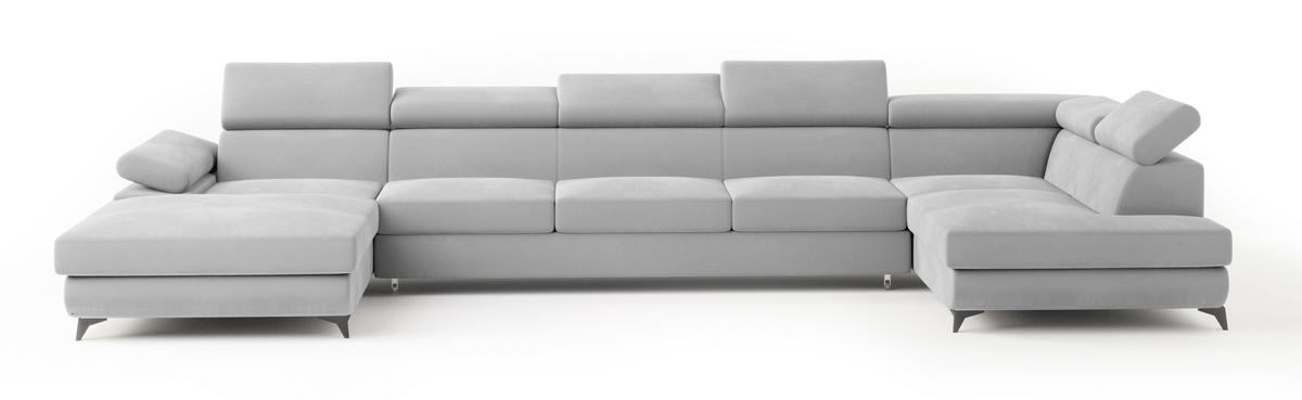 WOHNLANDSCHAFT MONTIVA Hellgrau Velours-Stoff mit Schlaffunktion - Hellgrau, Holz (410/89/190cm) - MASSENO