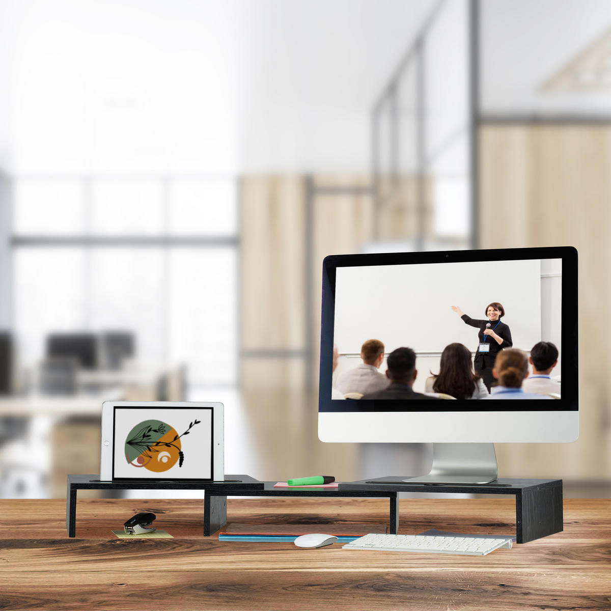 MONITORSTÄNDER Schwarz für 2 Monitore ausziehbar 105 cm - Schwarz, Holzwerkstoff/Kunststoff (27/105/10.5cm) - Relaxdays