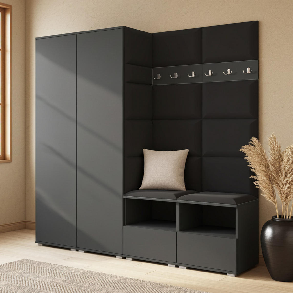GARDEROBE NELA VI 200 cm (Kompaktgarderobe Graphit mit Sitzpolster Schwarz 16 Schrank & Paneel) - Silberfarben/Schwarz, Holz/Holzwerkstoff (200/187/40cm) - Ravio
