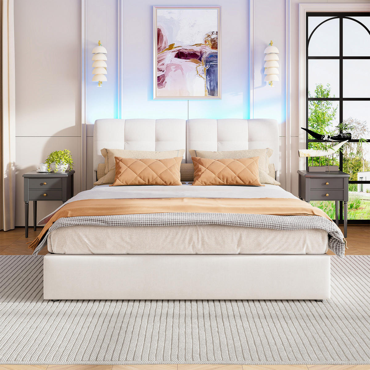POLSTERBETT 140x200 cm mit Stauraum, Bettkasten und Lattenrost, LED-Beleuchtung, Samtstoff, Cremeweiß - Beige, Holz/Textil (140/200cm) - GENKI LIVING