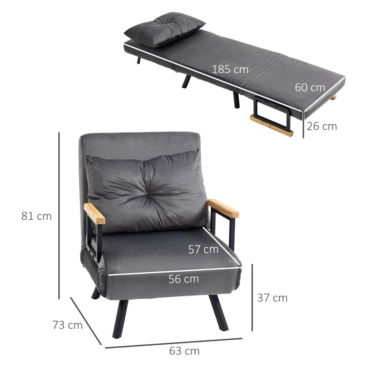 SCHLAFSESSEL 63/73/81 cm in Dunkelgrau mit Bettfunktion und verstellbarer Rückenlehne - Dunkelgrau, Metall (73/81/63cm) - Flora Grace