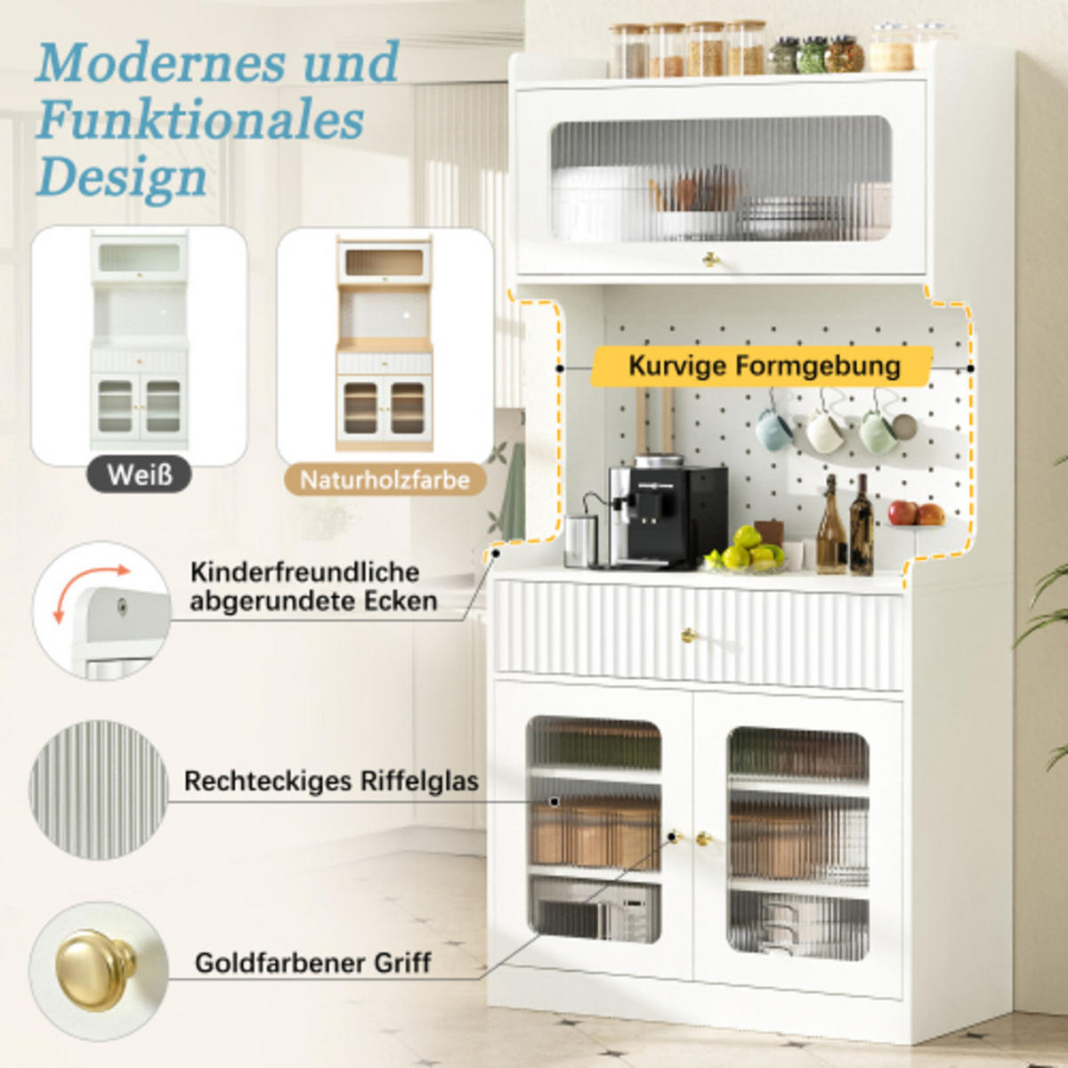 HIGHBOARD mit Riffelglas & LED weiß 80×40×180 cm aus MDF und Spanplatte - Weiß, Holzwerkstoff (80/180/40cm) - Luhomfu