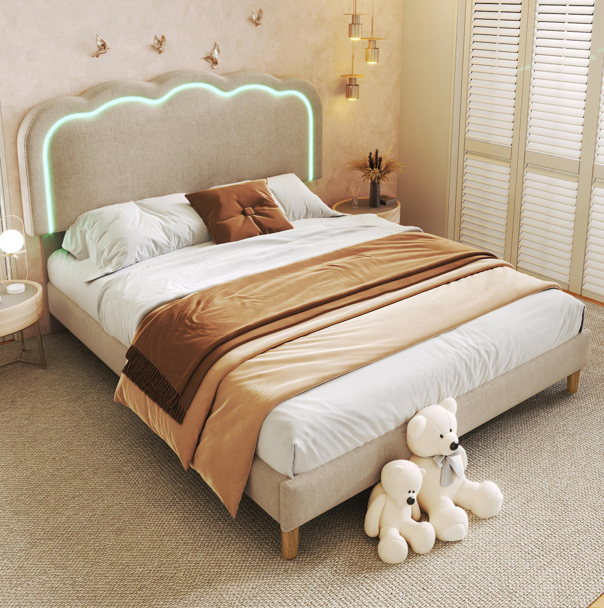 POLSTERBETT 140/200 cm aus Leinen mit LED-Kopfteil Beige - Beige, Textil (140/200cm) - Modenvie