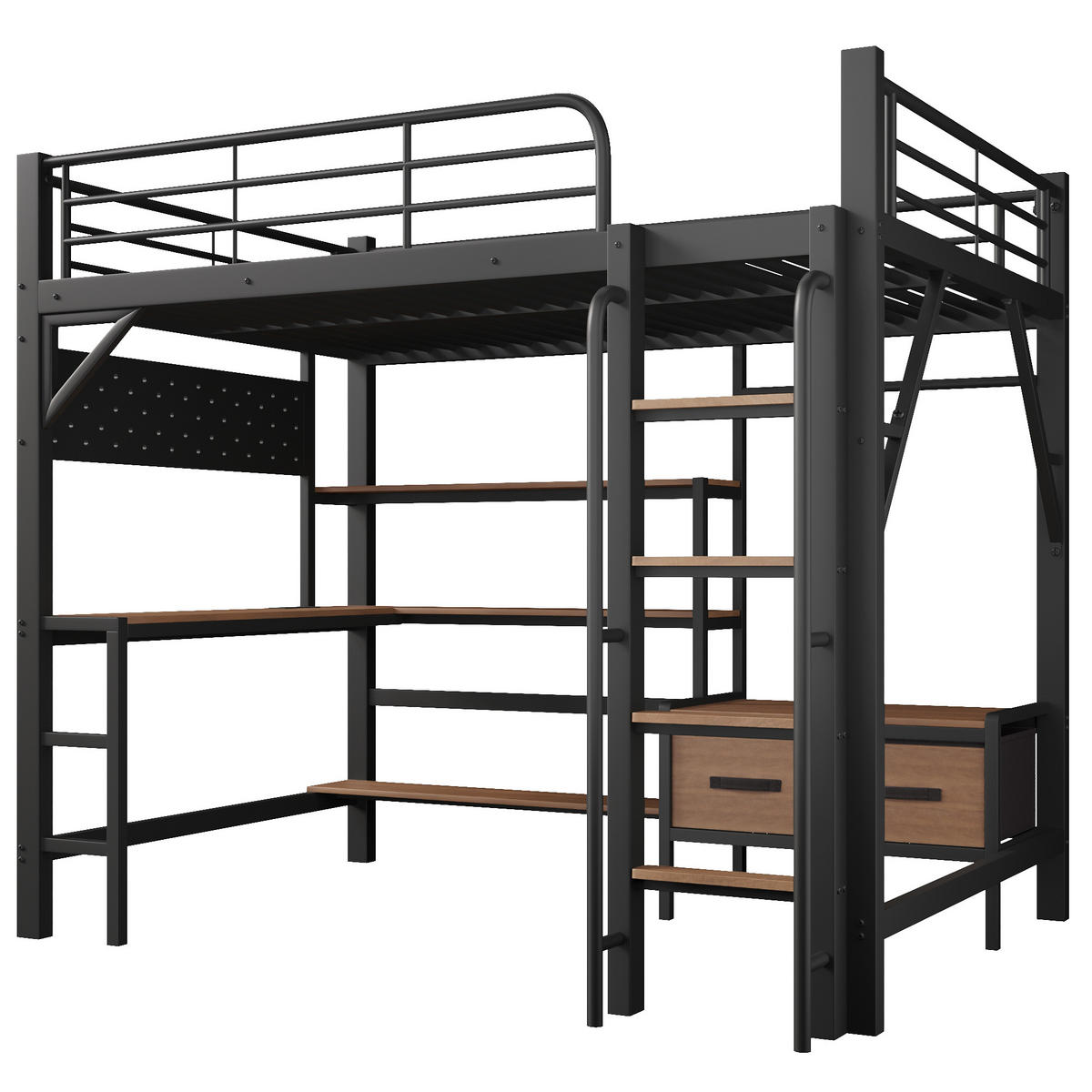 HOCHBETT 140/200 cm mit Eisenrahmen Schwarz, Schreibtisch, Lochwand und LED-Licht - Schwarz, Metall