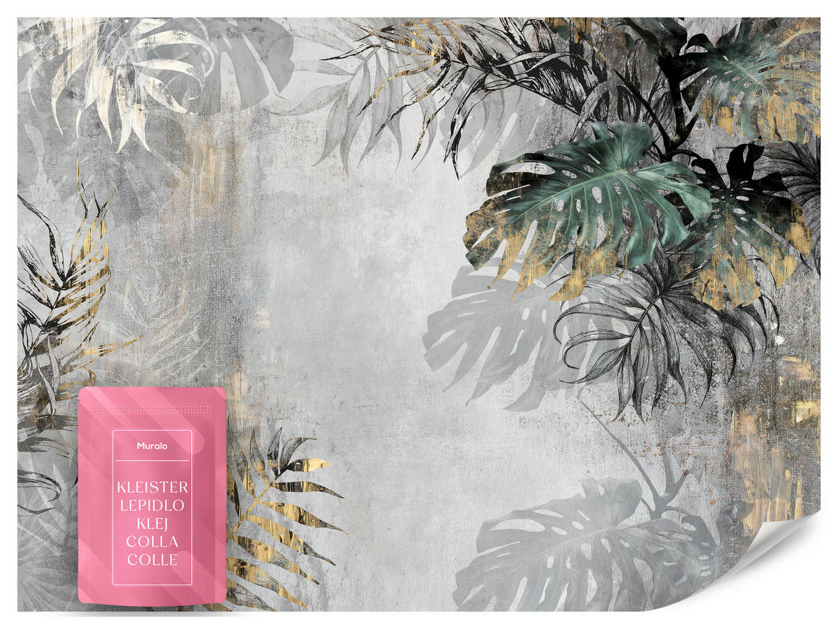 FOTOTAPETE Tropische Blätter auf Beton Vintage 350x256 - Gelb/Beige, Papier (350/256cm) - Muralo