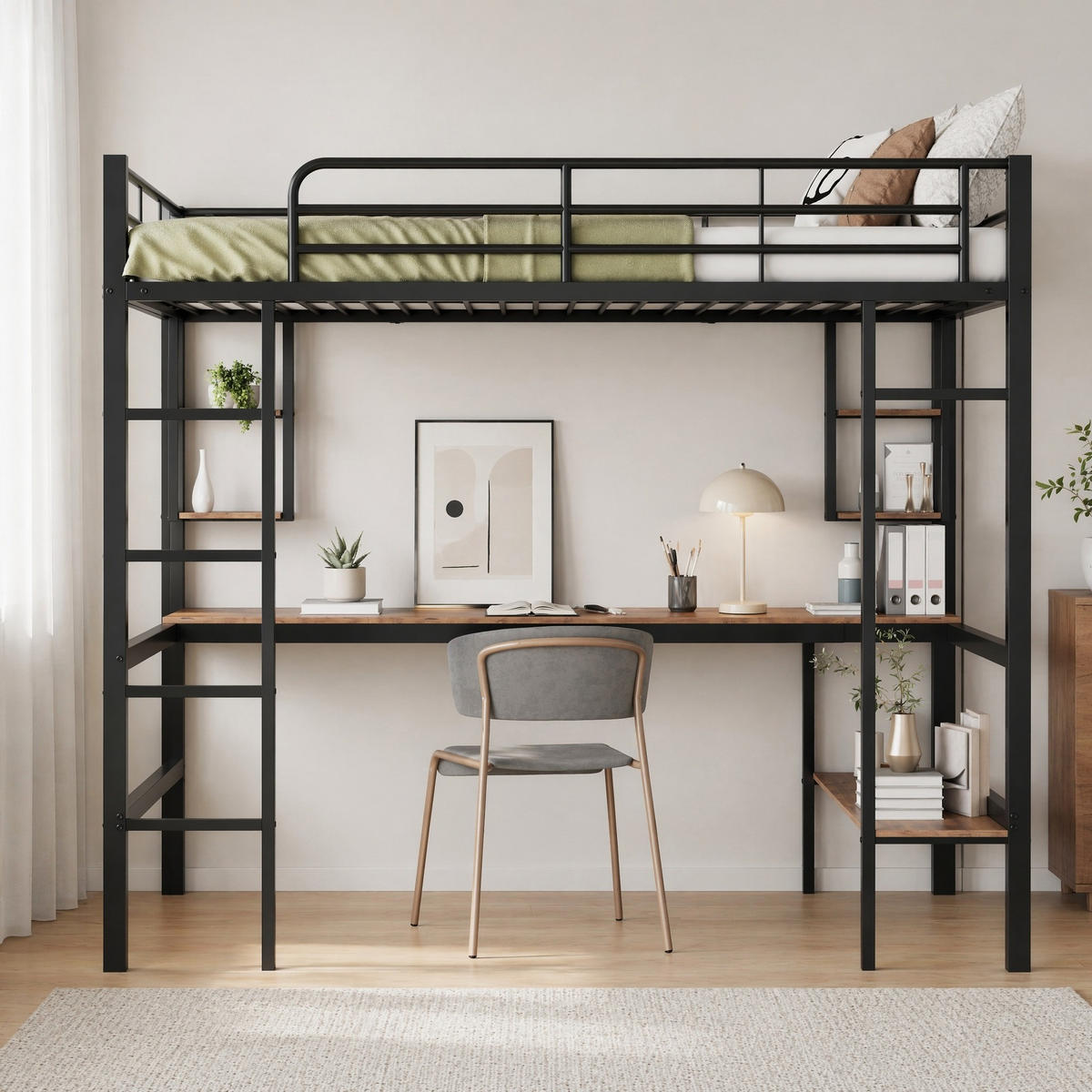 HOCHBETT 140/200 mit Schreibtisch und Bücherregalen in Schwarz - Schwarz, Holz/Metall (140/200cm) - EVRYAE