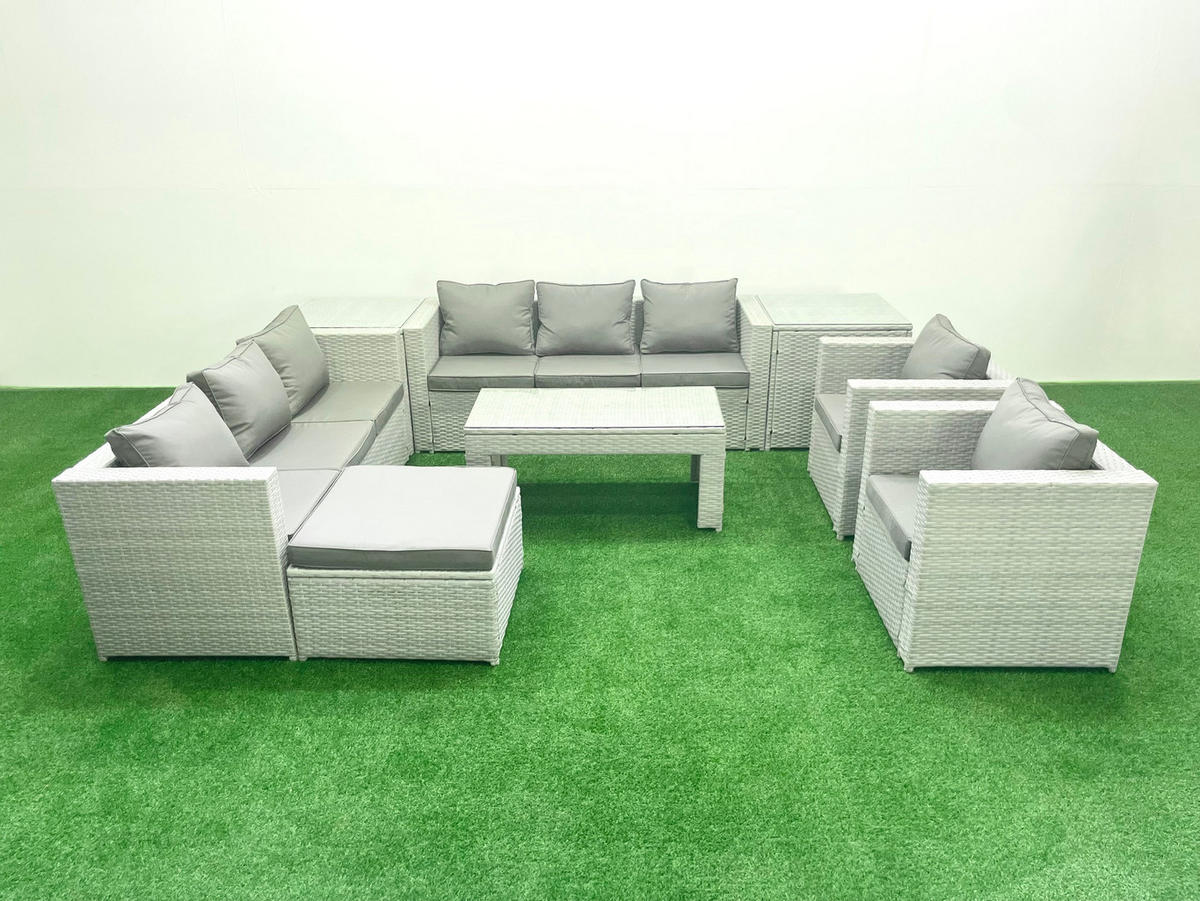 GARTENSOFA hohe Rückenlehne Polyrattan Hellgrau-Mix 9-Sitzer - Hellgrau/Grau, Glas/Kunststoff - Fimous