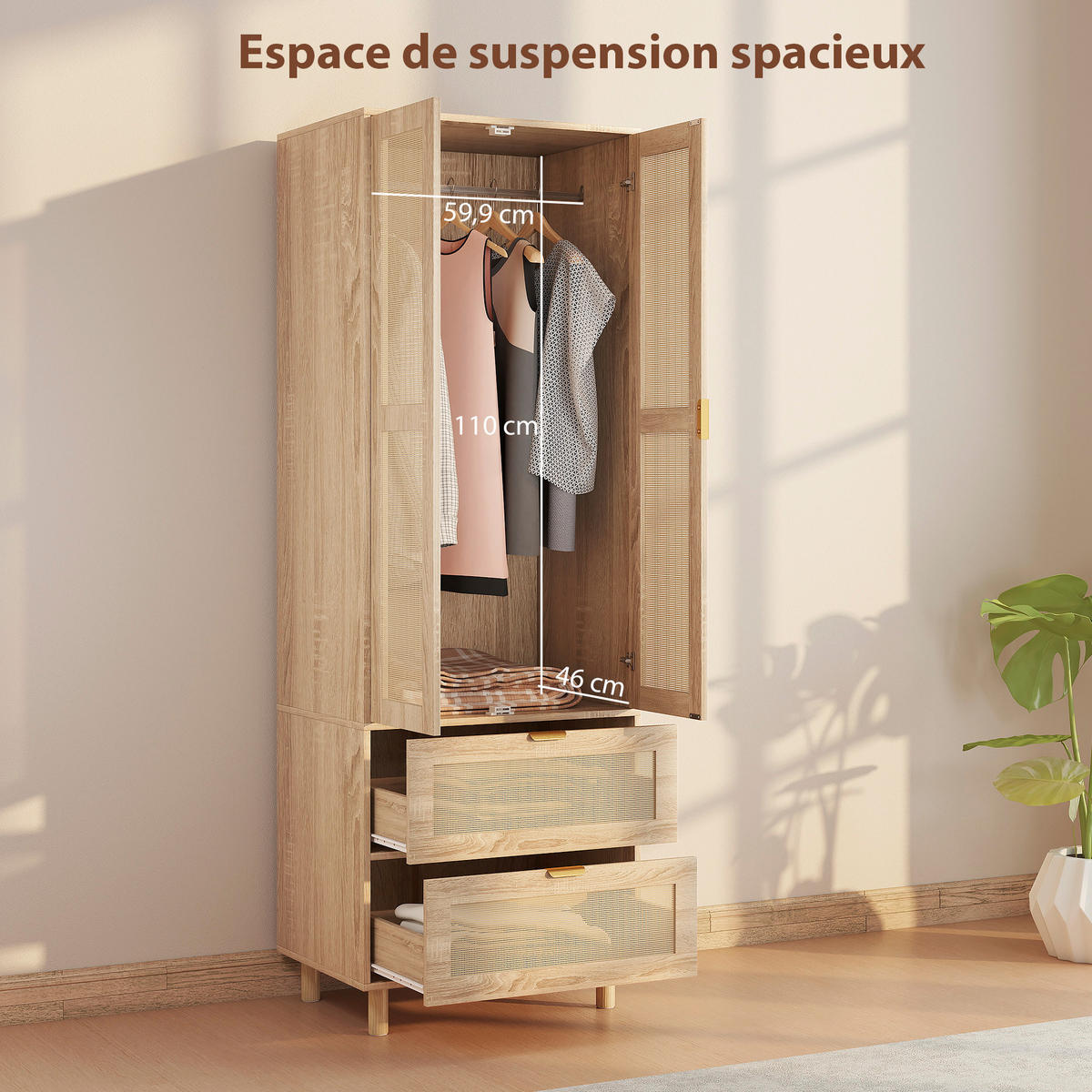 KLEIDERSCHRANK DE-17216 2 Rotting-Türen & 2 Schubladen Natur - Naturfarben, Holzwerkstoff (47/185/63cm) - ComfortXL