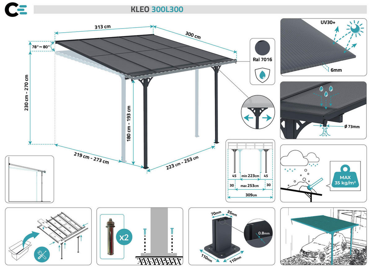PERGOLA / CARPORT Kleo Grau 3m x 3m - Grau, Metall (313/270/300cm) - Cazeboo