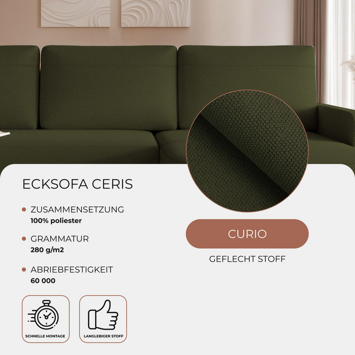 ECKSOFA CERIS mit Schlaffunktion und Bettkasten Grün - Grün, Holzwerkstoff/Kunststoff (250/90cm) - Idohome