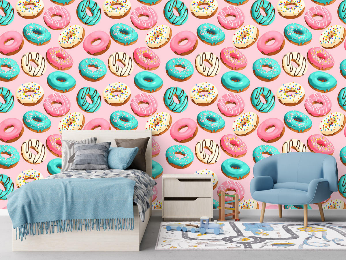 VLIESTAPETE Donuts in 3D-Optik – Rosa, Türkis, Bunt – 50x1000 cm - Türkis/Multicolor, Papier (50/1000cm) - Muralo