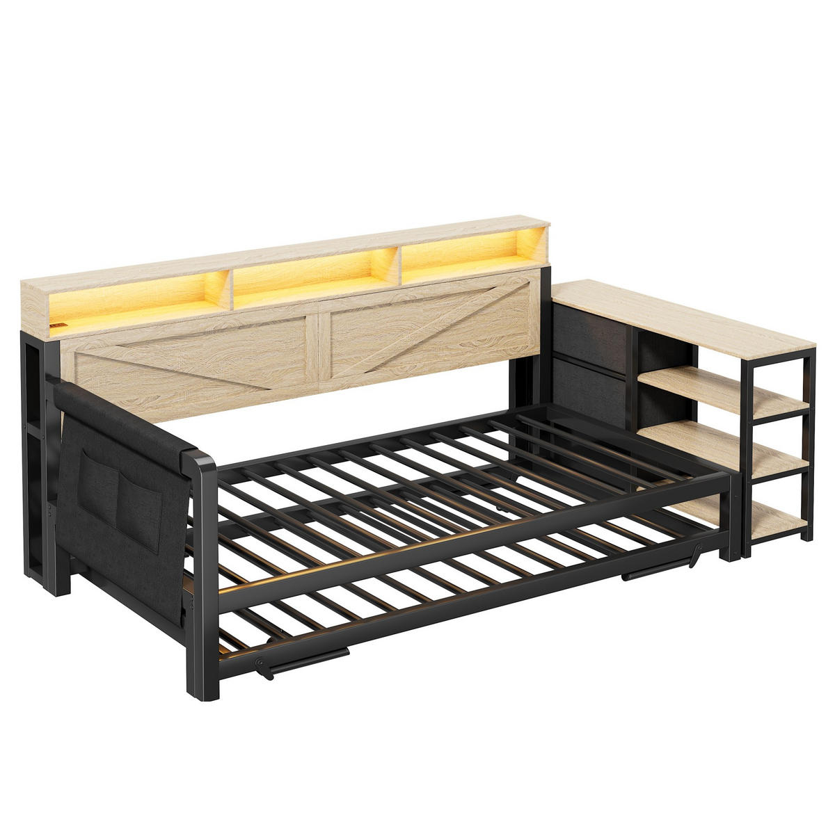 TAGESBETT aus Metall und MDF 90x200 cm Schwarz mit Ausziehbett, LED-Beleuchtung, USB und Stauraum - Schwarz, Holzwerkstoff (90/200cm) - Modfu