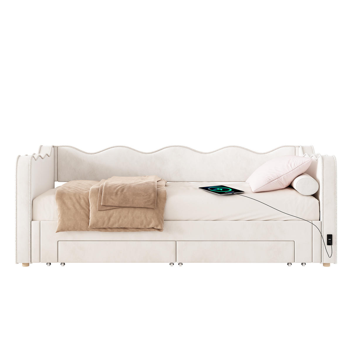 POLSTERBETT 90x200cm Ausziehbar Stauraum USB Samt Beige - Beige, Textil - FLIEKS