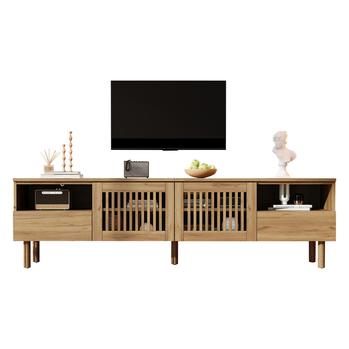 TV komoda 180/40/51 cm s rešetkastim vratima i ladicama u izgledu drva - prirodne boje/boje oraha, drvni materijal (180/51/40cm) - CHICFURN