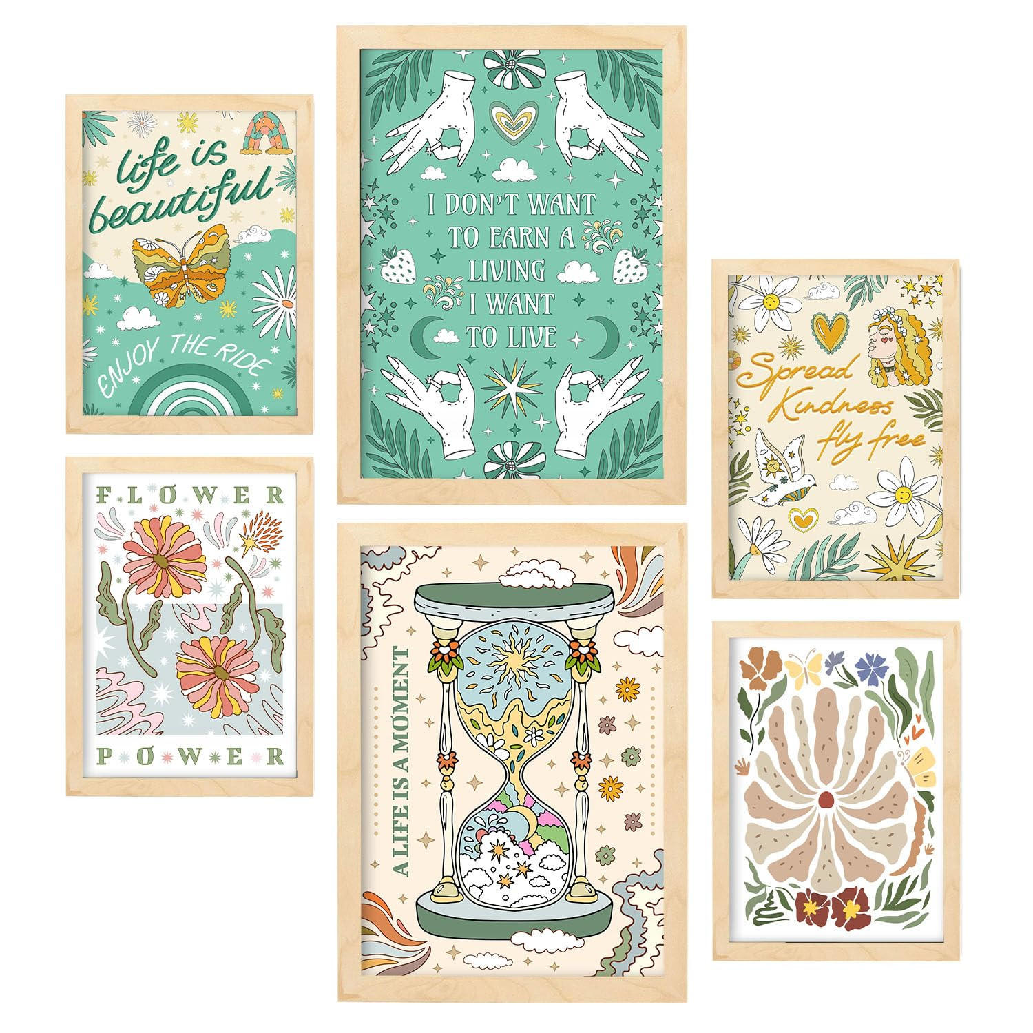 POSTER Set Mit 6 Drucken Von Live In Brilliant Groovy Style Postersammlung Dekorative Rahmen Für Zuhause Wandkunstdruck A3 & A4 Rahmen Aus Hellem Holz - Beige, Papier (29/3cm) - Nacnic