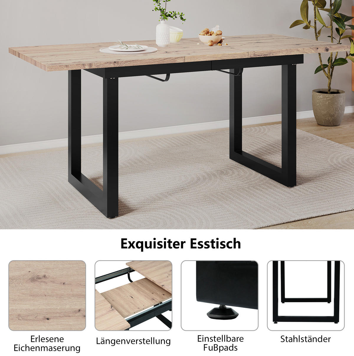 ESSTISCH ausziehbar 180/80/75 cm Schwarz Natur MDF mit Metallgestell - Eichefarben, Holzwerkstoff (180/80/75cm) - OKWISH