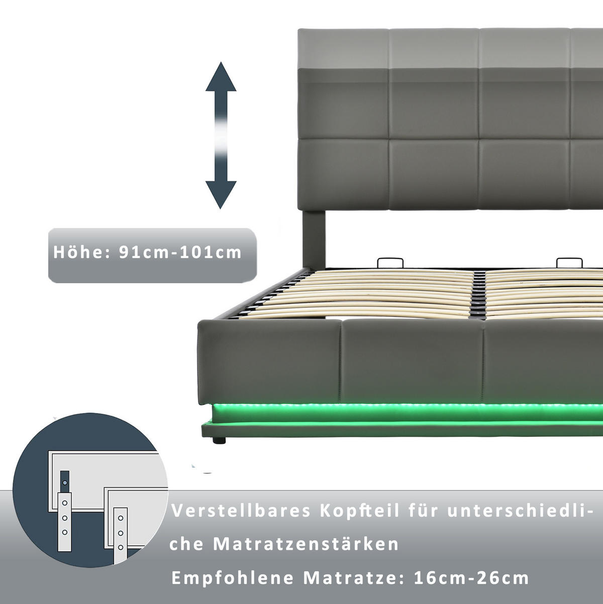 POLSTERBETT mit LED und Bettkasten 160x200 cm Kunstleder Grau - Grau, Metall (160/200cm) - Meubliv