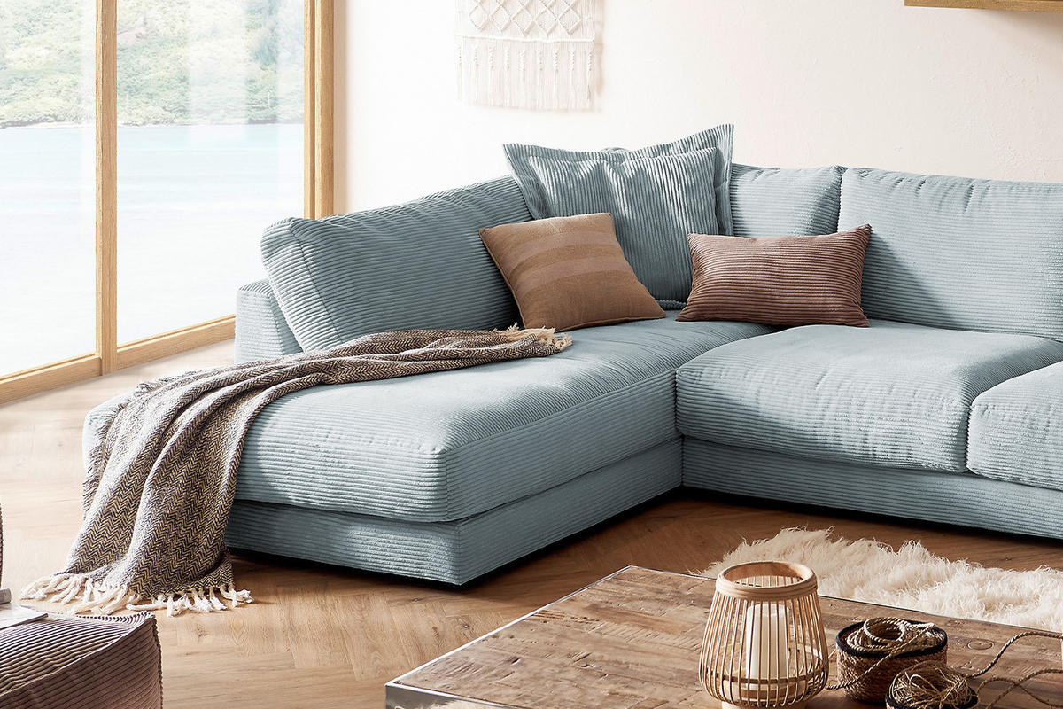 WOHNLANDSCHAFT MADELINE Hellblau Cord - Schwarz/Hellblau, Kunststoff/Textil (425/86/224cm) - KAWOLA