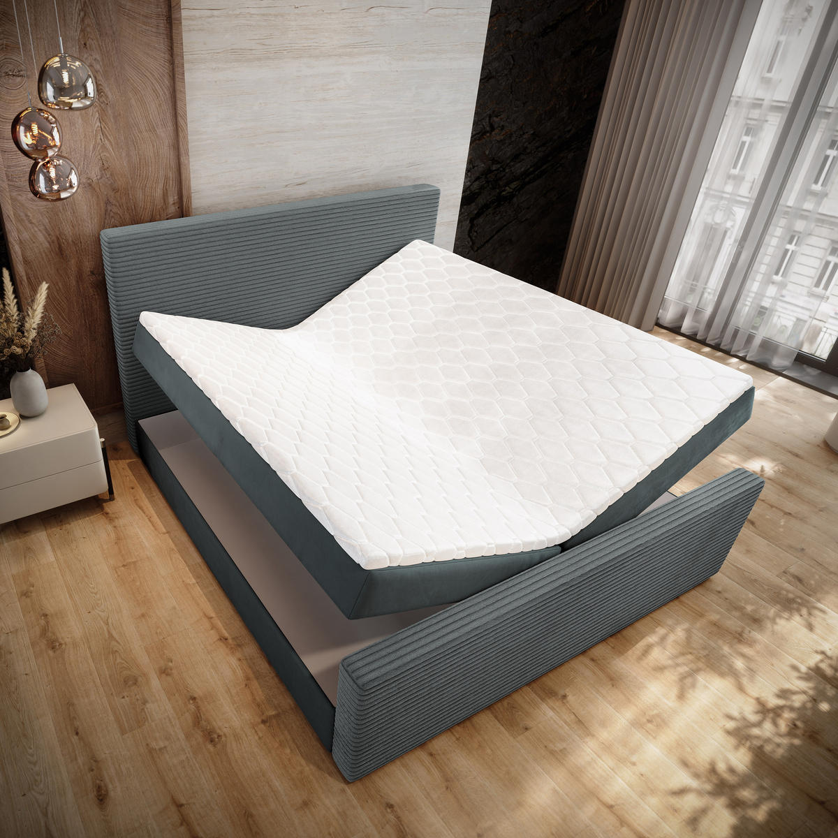 BOXBETT ALORIA 140x200 cm mit Matratze und Topper - Grau - Grau, Holz (140/200cm) - MASSENO