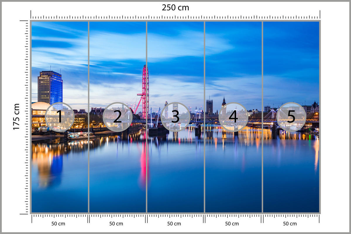 FOTOTAPETE für Wohnzimmer Panorama London Eye Themseufer 250x175 - Blau/Rot, Papier (250/175cm) - Muralo