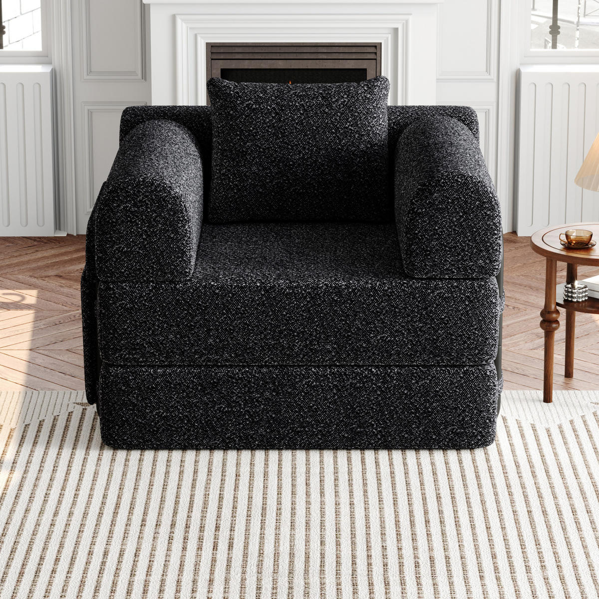 SCHLAFSOFA aus Chenille Schwarz 2-in-1 mit Armlehnen-Ablagefach und Stahlrahmen - Schwarz, Textil (94/49.5/181.6cm) - Modfu