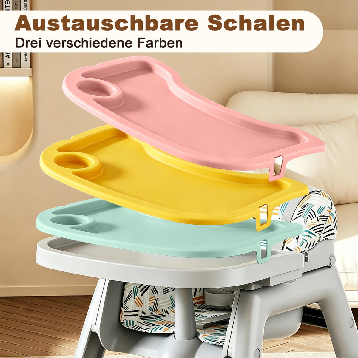 HOCHSTUHL mit 3 wechselbaren PP-Essplatten, 5-Punkt-Gurt und feststellbaren Rollen - Grau, Kunststoff (76/96/59cm) - MIVRAY