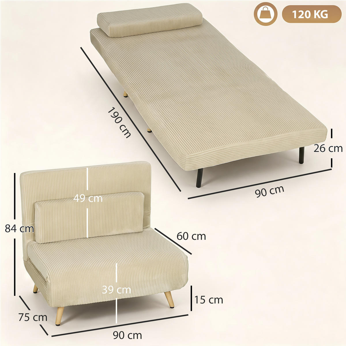 BÄDDFÅTÖLJ i polyester, beige - Beige/Brun, Textil/Metall (75/84/90cm) - HOMCOM