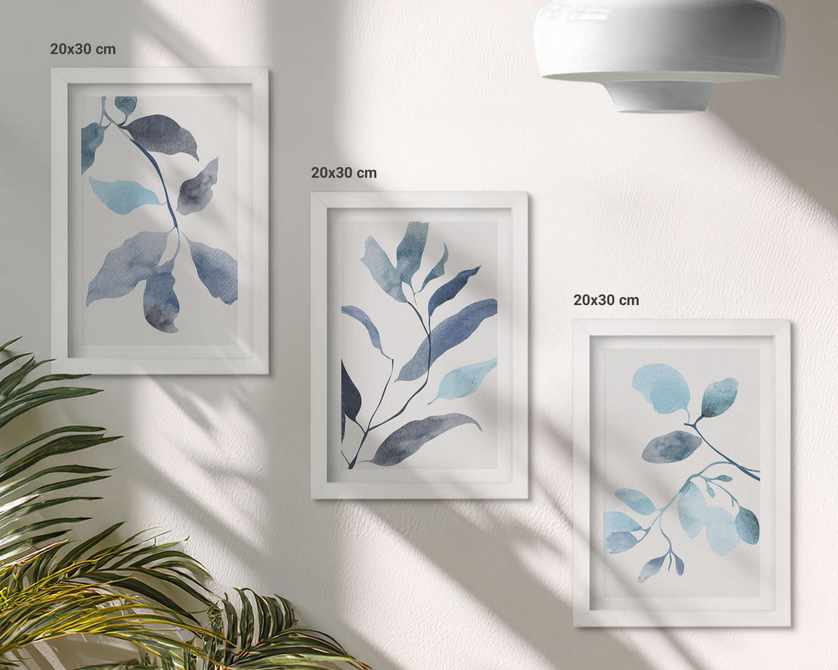 WANDBILDER 3er-Set - 20x30 cm Weißer Rahmen - Aquarell von blauen Blättern - Weiß, Kunststoff (20/30cm) - ArtPrintCave