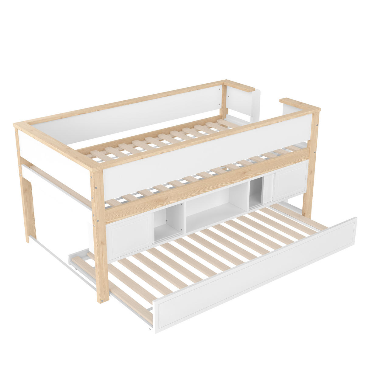 HALBHOHES BETT 90x200cm Weiß + Natur Ausziehbett Kinderbett Ablagefächer - Multicolor, Holz (90/200cm) - FLIEKS