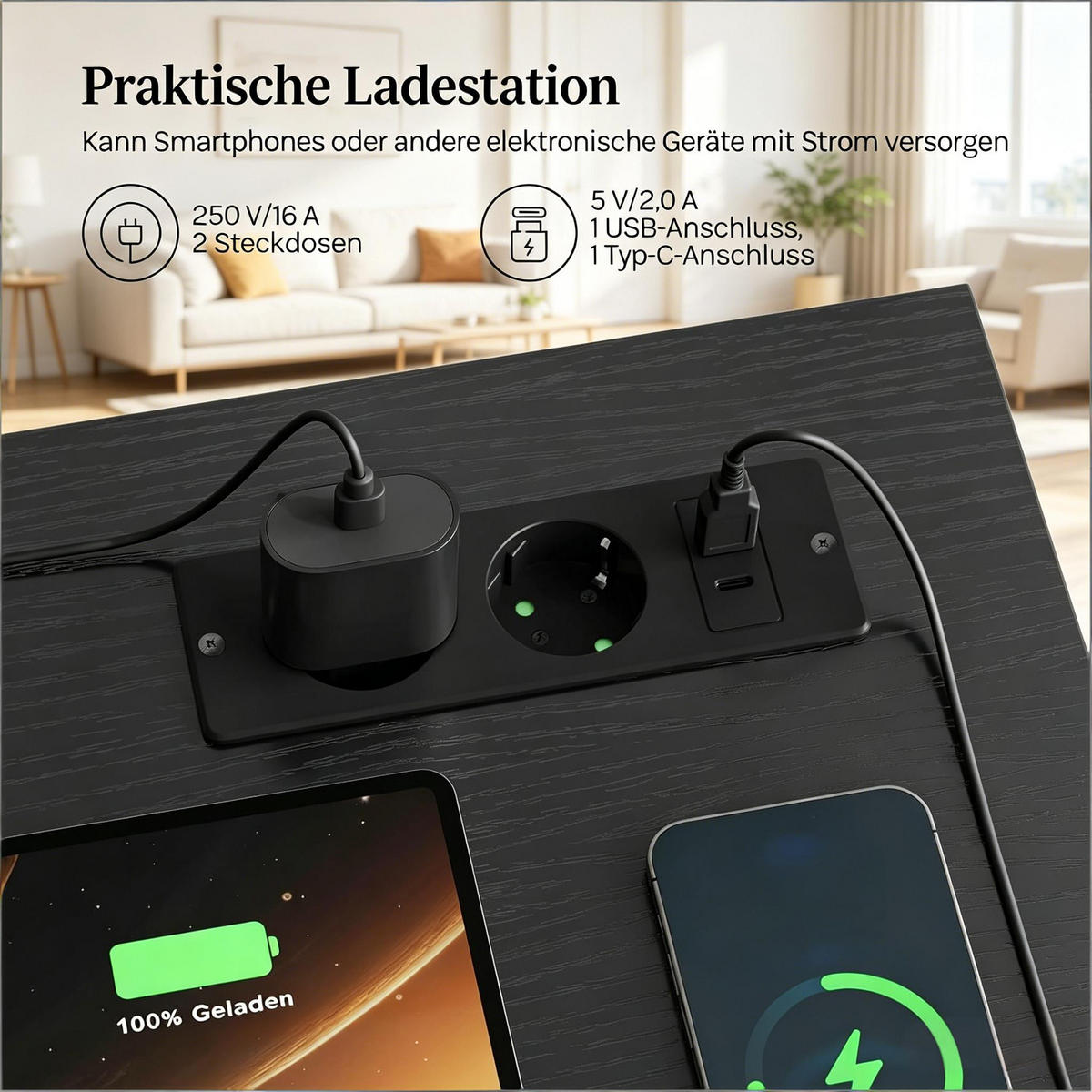 GAMINGTISCH Schwarz 120/51/75 cm mit Stromanschluss USB Typ-C und Stoffschubladen - Schwarz, Holzwerkstoff (51/120/75cm) - PANGIVO