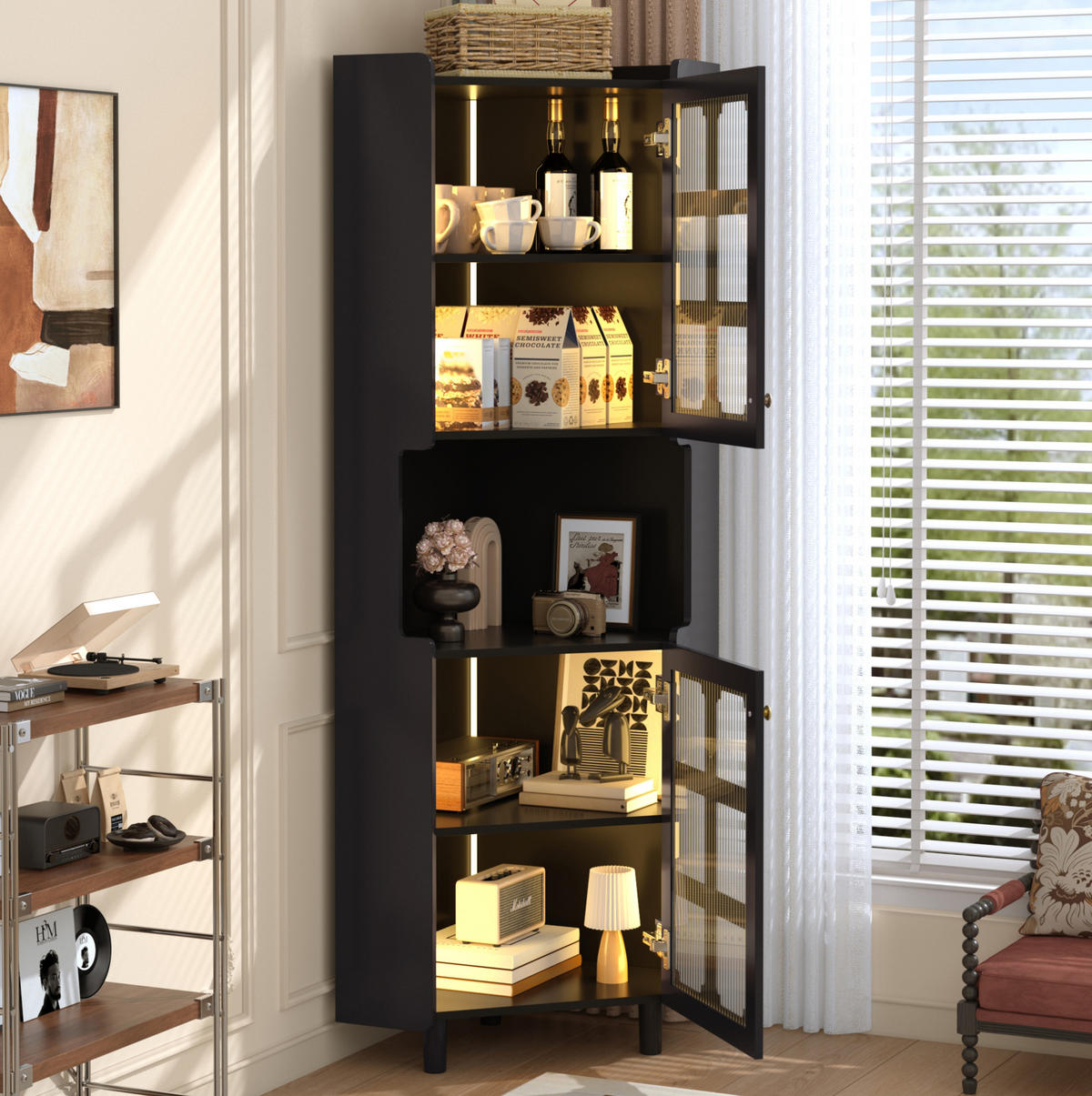 HOCHSCHRANK 63,5/157,5 cm aus MDF mit App-gesteuerter LED-Beleuchtung Schwarz - Schwarz, Holzwerkstoff (63.5/157.5/17cm) - Modenvie