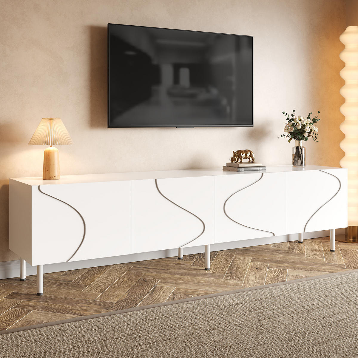 TV-SCHRANK Lowboard 4 Türen Push-to-Open Metallfüße modern - Weiß, Holzwerkstoff (35/50/170cm) - FLIEKS