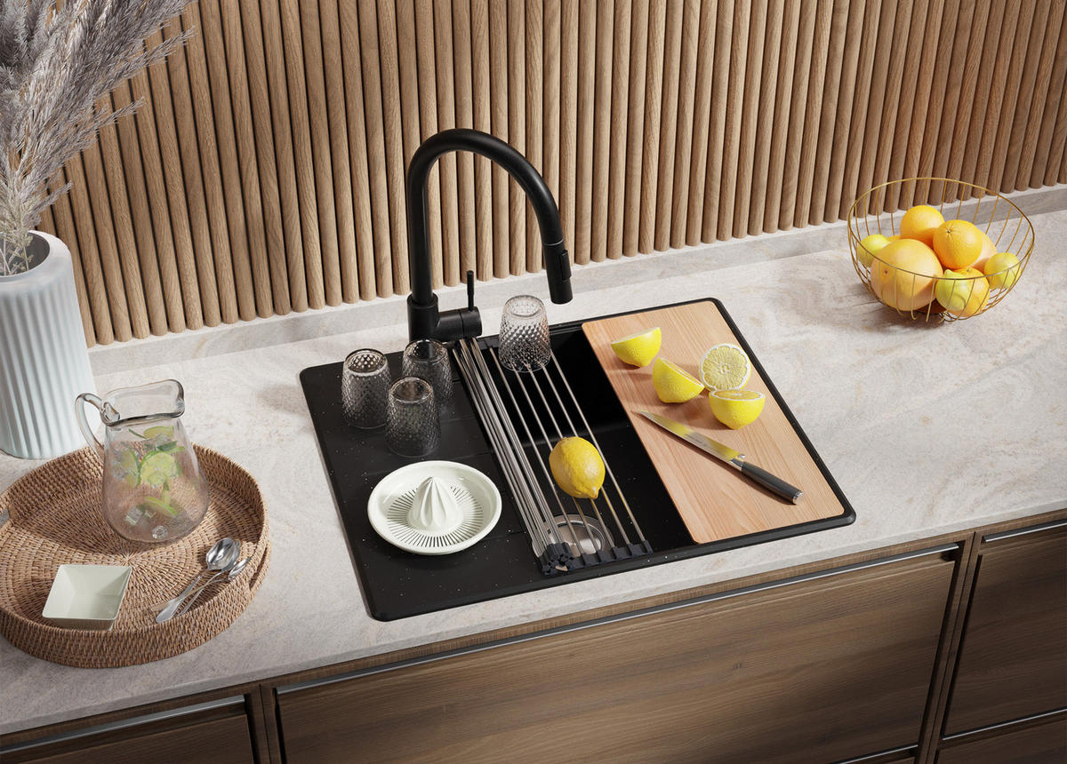 SPÜLBECKEN Kopenhagen, 2-er set Schwarz Metallic 62/50 cm 1 Becken + Ablauf-Set + Schneidebrett ab 50er Unterschrank - Chromfarben/Schwarz Hochglanz, Kunststoff (62/20/50cm) - Primagran